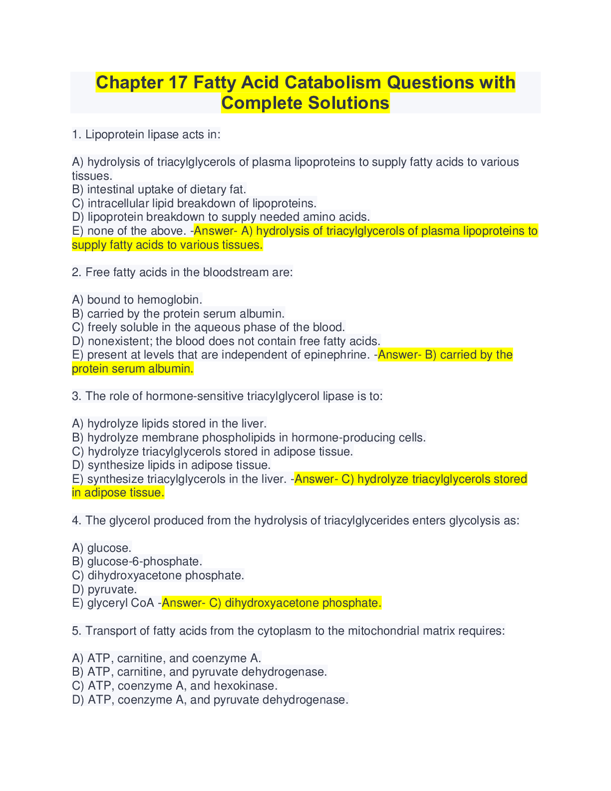 Preview image for Chapter 17 Fatty Acid Catabolism Questions with Complete Solutions